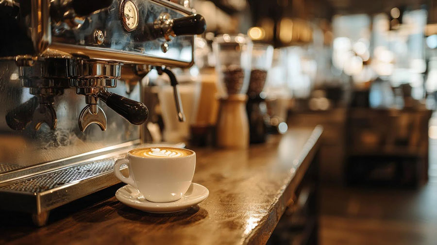 Cappuccino v bielej šálke pripravené v kaviarni pri kávovare na hnedom stole